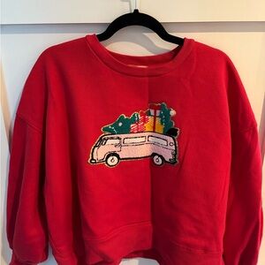 Red Sweatshirt with Embroidered Christmas Tree Van Design